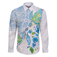 Hawaiian Couple Turtles Honi Family Matching Off Shoulder Maxi Dress and Hawaiian Shirt Polynesian Art Motifs and Hibiscus White Blue Color - Polynesian Pride