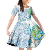 Hawaiian Couple Turtles Honi Family Matching Off Shoulder Short Dress and Hawaiian Shirt Polynesian Art Motifs and Hibiscus White Blue Color - Polynesian Pride