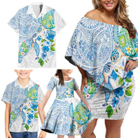 Hawaiian Couple Turtles Honi Family Matching Off Shoulder Short Dress and Hawaiian Shirt Polynesian Art Motifs and Hibiscus White Blue Color - Polynesian Pride