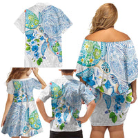 Hawaiian Couple Turtles Honi Family Matching Off Shoulder Short Dress and Hawaiian Shirt Polynesian Art Motifs and Hibiscus White Blue Color - Polynesian Pride
