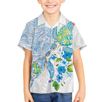 Hawaiian Couple Turtles Honi Family Matching Off Shoulder Short Dress and Hawaiian Shirt Polynesian Art Motifs and Hibiscus White Blue Color - Polynesian Pride