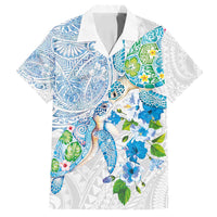 Hawaiian Couple Turtles Honi Family Matching Puletasi and Hawaiian Shirt Polynesian Art Motifs and Hibiscus White Blue Color - Polynesian Pride