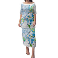 Hawaiian Couple Turtles Honi Family Matching Puletasi and Hawaiian Shirt Polynesian Art Motifs and Hibiscus White Blue Color - Polynesian Pride