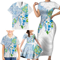 Hawaiian Couple Turtles Honi Family Matching Short Sleeve Bodycon Dress and Hawaiian Shirt Polynesian Art Motifs and Hibiscus White Blue Color - Polynesian Pride
