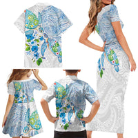 Hawaiian Couple Turtles Honi Family Matching Short Sleeve Bodycon Dress and Hawaiian Shirt Polynesian Art Motifs and Hibiscus White Blue Color - Polynesian Pride