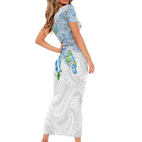 Hawaiian Couple Turtles Honi Family Matching Short Sleeve Bodycon Dress and Hawaiian Shirt Polynesian Art Motifs and Hibiscus White Blue Color - Polynesian Pride