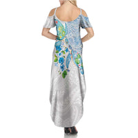 Hawaiian Couple Turtles Honi Family Matching Summer Maxi Dress and Hawaiian Shirt Polynesian Art Motifs and Hibiscus White Blue Color - Polynesian Pride