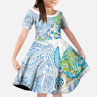 Hawaiian Couple Turtles Honi Family Matching Tank Maxi Dress and Hawaiian Shirt Polynesian Art Motifs and Hibiscus White Blue Color - Polynesian Pride