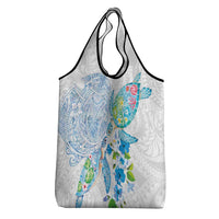 Hawaiian Couple Turtles Honi Grocery Bag Polynesian Art Motifs and Hibiscus White Blue Color - Polynesian Pride