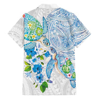Hawaiian Couple Turtles Honi Hawaiian Shirt Polynesian Art Motifs and Hibiscus White Blue Color - Polynesian Pride