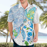 Hawaiian Couple Turtles Honi Hawaiian Shirt Polynesian Art Motifs and Hibiscus White Blue Color - Polynesian Pride