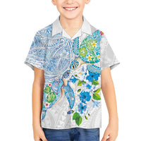 Hawaiian Couple Turtles Honi Hawaiian Shirt Polynesian Art Motifs and Hibiscus White Blue Color - Polynesian Pride