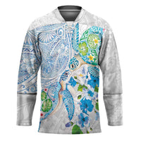 Hawaiian Couple Turtles Honi Hockey Jersey Polynesian Art Motifs and Hibiscus White Blue Color LT03 Unisex White - Polynesian Pride