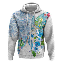Hawaiian Couple Turtles Honi Hoodie Polynesian Art Motifs and Hibiscus White Blue Color - Polynesian Pride