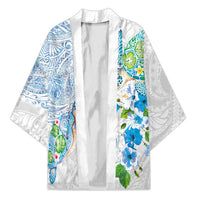 Hawaiian Couple Turtles Honi Kimono Polynesian Art Motifs and Hibiscus White Blue Color - Polynesian Pride