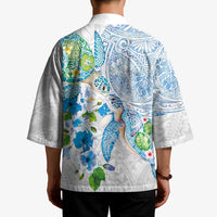 Hawaiian Couple Turtles Honi Kimono Polynesian Art Motifs and Hibiscus White Blue Color - Polynesian Pride
