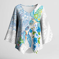 Hawaiian Couple Turtles Honi Kimono Sleeve Blouse Polynesian Art Motifs and Hibiscus White Blue Color - Polynesian Pride