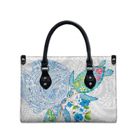 Hawaiian Couple Turtles Honi Leather Bag Polynesian Art Motifs and Hibiscus White Blue Color - Polynesian Pride