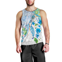 Hawaiian Couple Turtles Honi Men Tank Top Polynesian Art Motifs and Hibiscus White Blue Color - Polynesian Pride