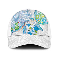 Hawaiian Couple Turtles Honi Mesh Trucker Cap Polynesian Art Motifs and Hibiscus White Blue Color - Polynesian Pride