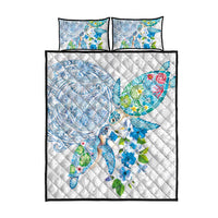 Hawaiian Couple Turtles Honi Quilt Bed Set Polynesian Art Motifs and Hibiscus White Blue Color - Polynesian Pride