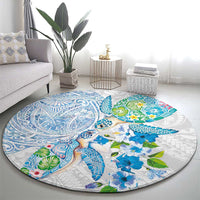 Hawaiian Couple Turtles Honi Round Carpet Polynesian Art Motifs and Hibiscus White Blue Color - Polynesian Pride
