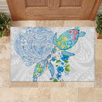 Hawaiian Couple Turtles Honi Rubber Doormat Polynesian Art Motifs and Hibiscus White Blue Color - Polynesian Pride