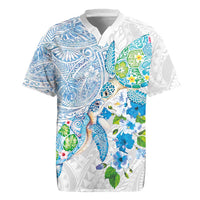 Hawaiian Couple Turtles Honi Rugby Jersey Polynesian Art Motifs and Hibiscus White Blue Color - Polynesian Pride