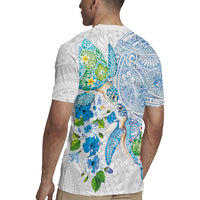 Hawaiian Couple Turtles Honi Rugby Jersey Polynesian Art Motifs and Hibiscus White Blue Color - Polynesian Pride