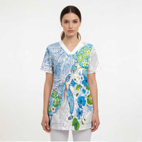 Hawaiian Couple Turtles Honi Scrub Top Polynesian Art Motifs and Hibiscus White Blue Color - Polynesian Pride