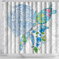 Hawaiian Couple Turtles Honi Shower Curtain Polynesian Art Motifs and Hibiscus White Blue Color - Polynesian Pride