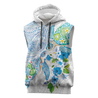 Hawaiian Couple Turtles Honi Sleeveless Hoodie Polynesian Art Motifs and Hibiscus White Blue Color - Polynesian Pride