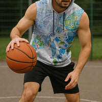 Hawaiian Couple Turtles Honi Sleeveless Hoodie Polynesian Art Motifs and Hibiscus White Blue Color - Polynesian Pride