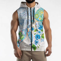 Hawaiian Couple Turtles Honi Sleeveless Zip Hoodie Polynesian Art Motifs and Hibiscus White Blue Color - Polynesian Pride