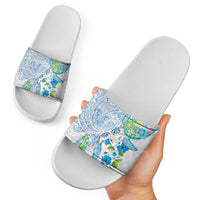 Hawaiian Couple Turtles Honi Slide Sandals Polynesian Art Motifs and Hibiscus White Blue Color - Polynesian Pride