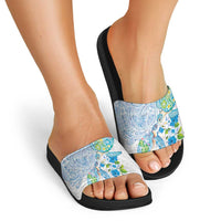 Hawaiian Couple Turtles Honi Slide Sandals Polynesian Art Motifs and Hibiscus White Blue Color - Polynesian Pride