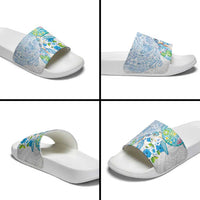 Hawaiian Couple Turtles Honi Slide Sandals Polynesian Art Motifs and Hibiscus White Blue Color - Polynesian Pride