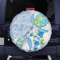 Hawaiian Couple Turtles Honi Spare Tire Cover Polynesian Art Motifs and Hibiscus White Blue Color - Polynesian Pride