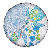 Hawaiian Couple Turtles Honi Spare Tire Cover Polynesian Art Motifs and Hibiscus White Blue Color - Polynesian Pride