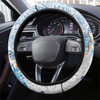 Hawaiian Couple Turtles Honi Steering Wheel Cover Polynesian Art Motifs and Hibiscus White Blue Color - Polynesian Pride