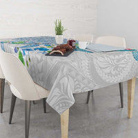 Hawaiian Couple Turtles Honi Tablecloth Polynesian Art Motifs and Hibiscus White Blue Color - Polynesian Pride