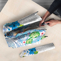 Hawaiian Couple Turtles Honi Umbrella Polynesian Art Motifs and Hibiscus White Blue Color - Polynesian Pride