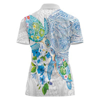 Hawaiian Couple Turtles Honi Women Polo Shirt Polynesian Art Motifs and Hibiscus White Blue Color - Polynesian Pride