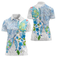 Hawaiian Couple Turtles Honi Women Polo Shirt Polynesian Art Motifs and Hibiscus White Blue Color - Polynesian Pride
