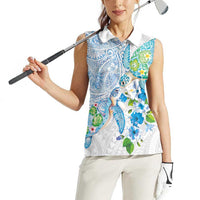 Hawaiian Couple Turtles Honi Women Sleeveless Polo Shirt Polynesian Art Motifs and Hibiscus White Blue Color - Polynesian Pride