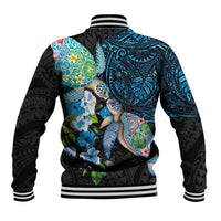 Hawaiian Couple Turtles Honi Baseball Jacket Polynesian Art Motifs and Hibiscus Black Blue Color - Polynesian Pride