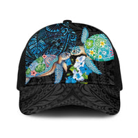 Hawaiian Couple Turtles Honi Baseball Net Cap Polynesian Art Motifs and Hibiscus Black Blue Color - Polynesian Pride