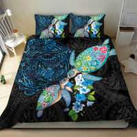 Hawaiian Couple Turtles Honi Bedding Set Polynesian Art Motifs and Hibiscus Black Blue Color - Polynesian Pride