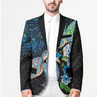Hawaiian Couple Turtles Honi Blazer Polynesian Art Motifs and Hibiscus Black Blue Color - Polynesian Pride
