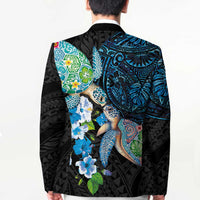 Hawaiian Couple Turtles Honi Blazer Polynesian Art Motifs and Hibiscus Black Blue Color - Polynesian Pride